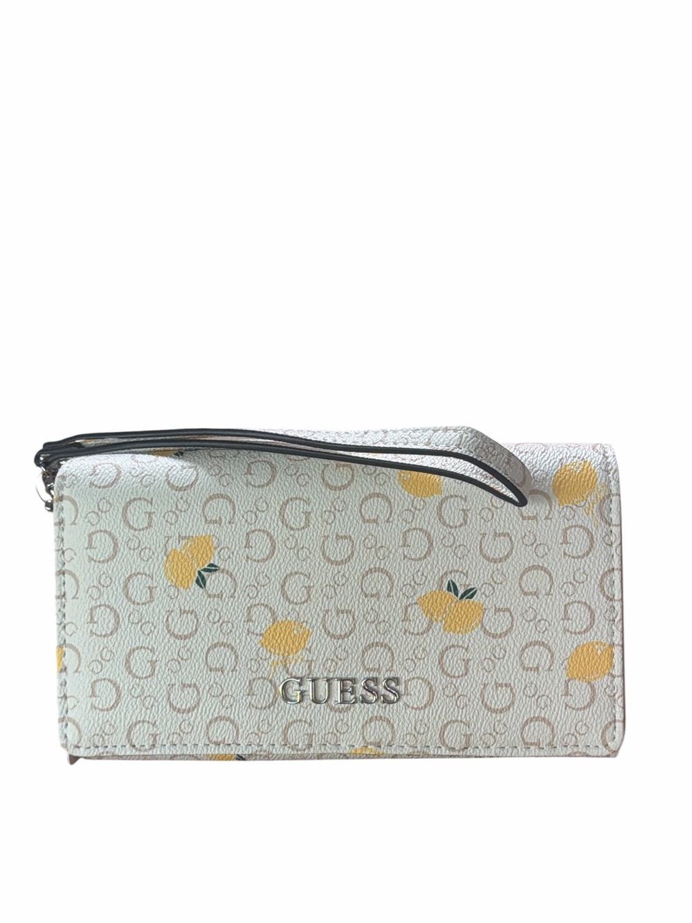 GUESS White and Yellow Lemon Print Wristlet Clutch